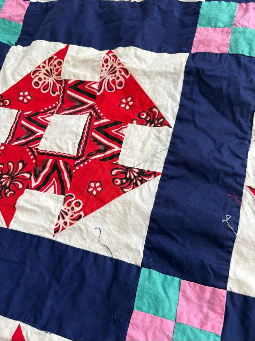 Vintage quilt top cutter upcycle projects cotton handmade machine stitched 85x72